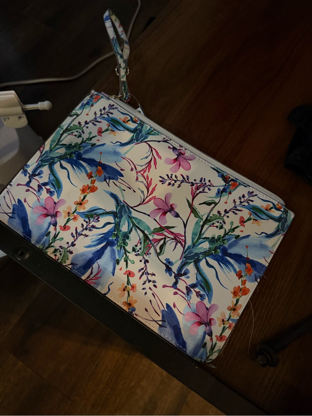 Anne Klein White Floral Wristlet Clutch with Blue, Pink & Green Accents